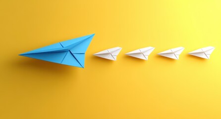 Leadership Concept with Blue Paper Airplane Leading White Planes on Yellow Background