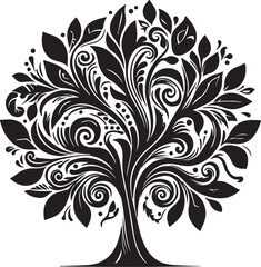 Black and white floral tree, black and white tree vector design