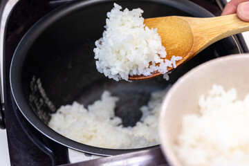 茶碗にしゃもじでご飯を装う