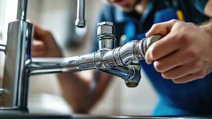 Plumber replacing old piping under a kitchen sink. Featuring expertise and precision