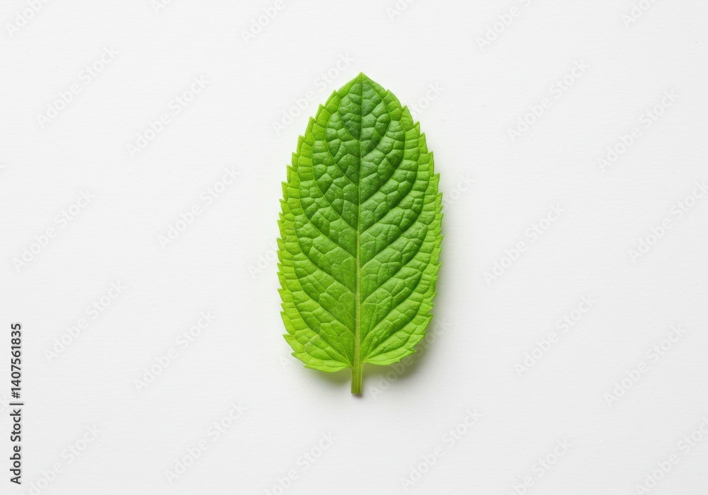 Poster a single bright green mint leaf displayed against a stark white background in a centered position