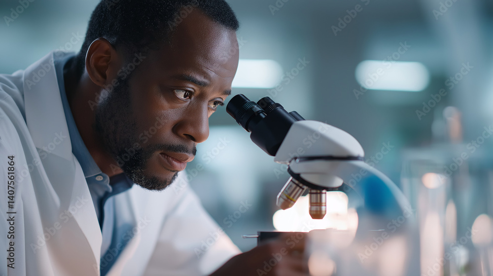 Poster black scientist using microscope in a vibrant laboratory