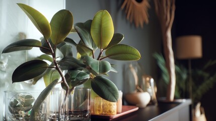 Lush green plant in glass vase on mantel