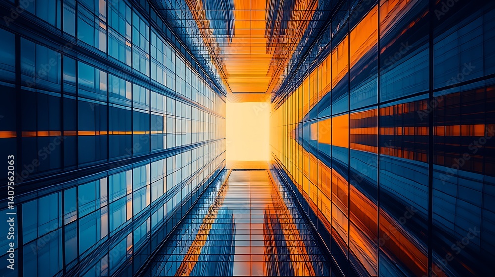 Poster Dynamic urban shot of skyscrapers illuminated in orange and blue colors creating a dramatic architectural view : Generative AI
