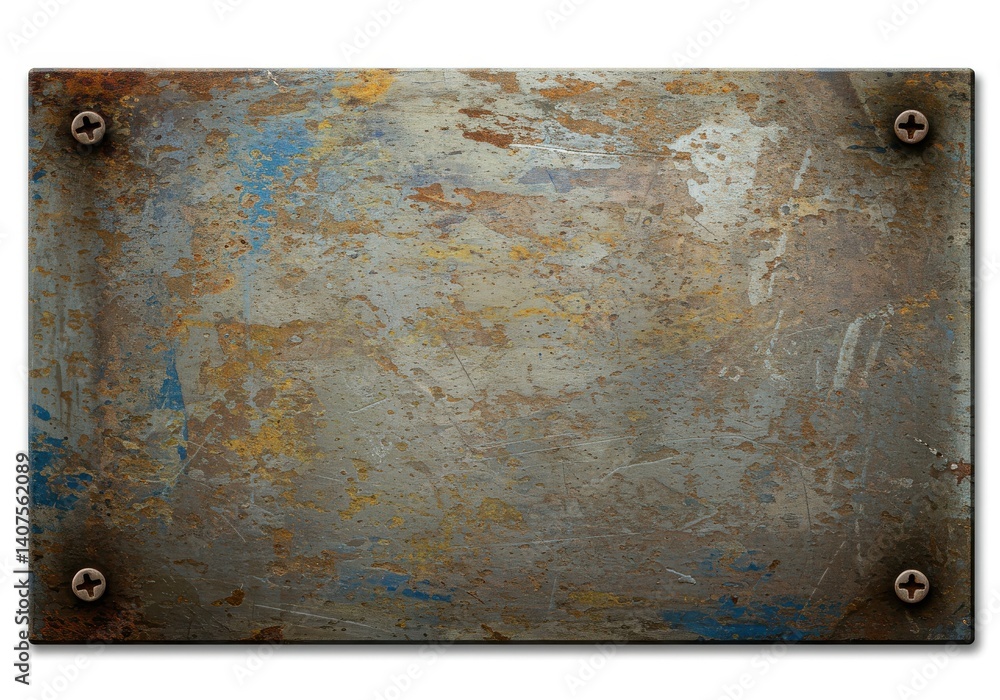 Poster a rectangular metal plate with rust and paint attached with four screws on a white background