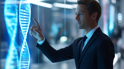 Businessman showcasing DNA hologram in futuristic office environment