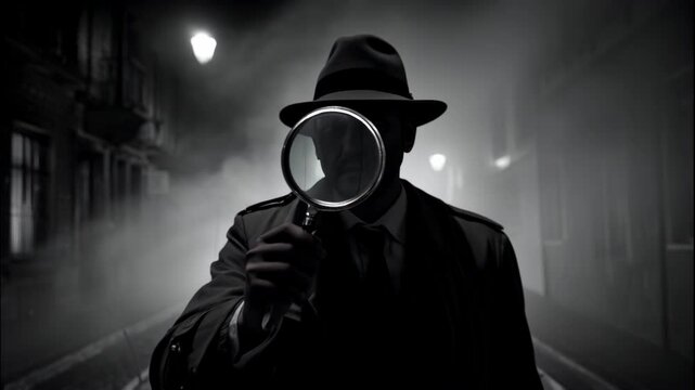 detective with magnifying glass, retro video, man in coat and hat near car, monochrome