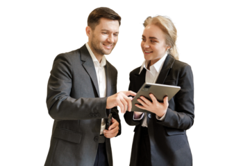 Business Professionals Engaged in Lively Discussion While Reviewing Data on a Tablet in a Modern Office