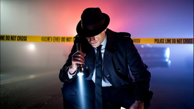 police officer at crime scene, investigation, man with flashlight, detective