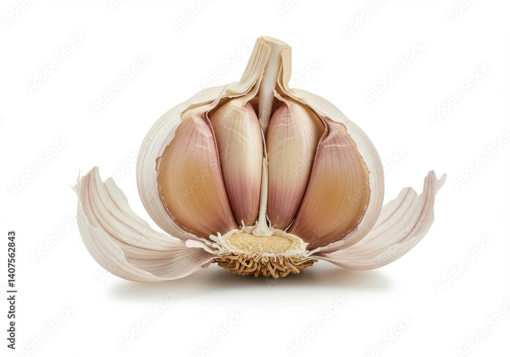 Poster close up of a halved garlic bulb showing the individual cloves and the central root structure on whi