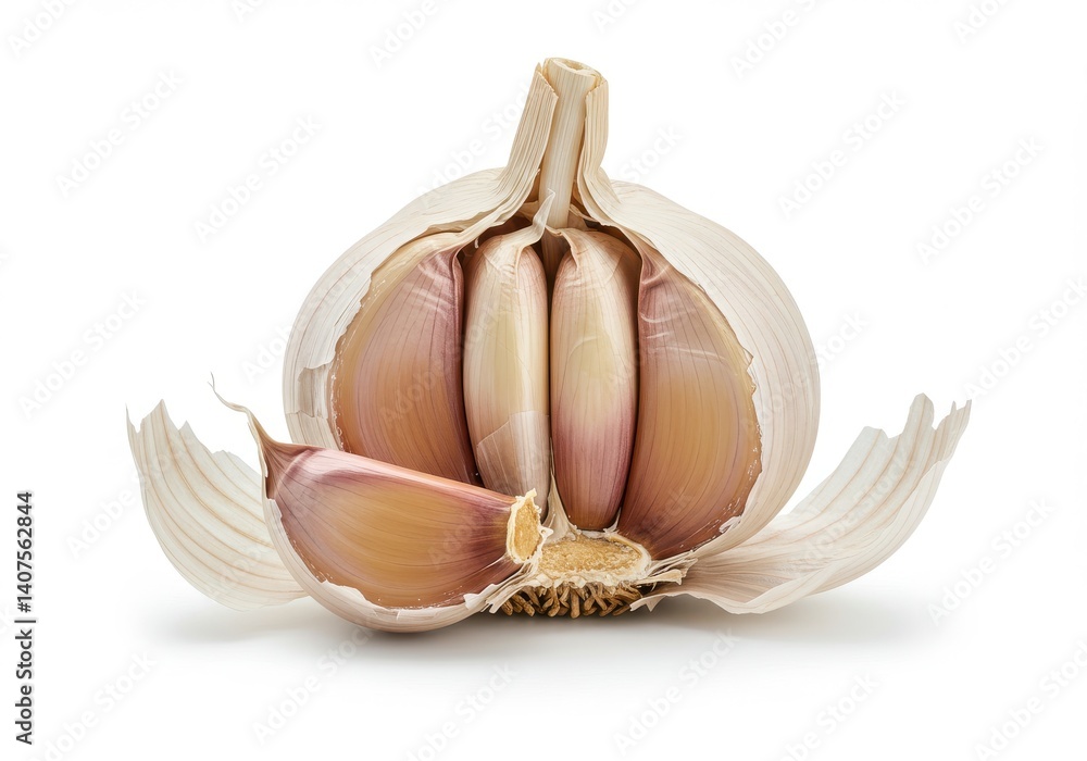 Poster a close up shot of a garlic bulb with visible cloves on a plain white background in sharp focus