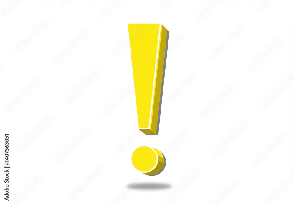 Poster a yellow exclamation point with a shadow on a white background in a digital rendering style