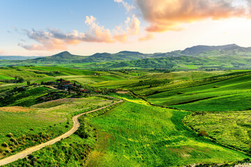 Obraz premium green agricultural spring or summer landscape of grassland hills near small village with young grass and amazing cloudy sky
