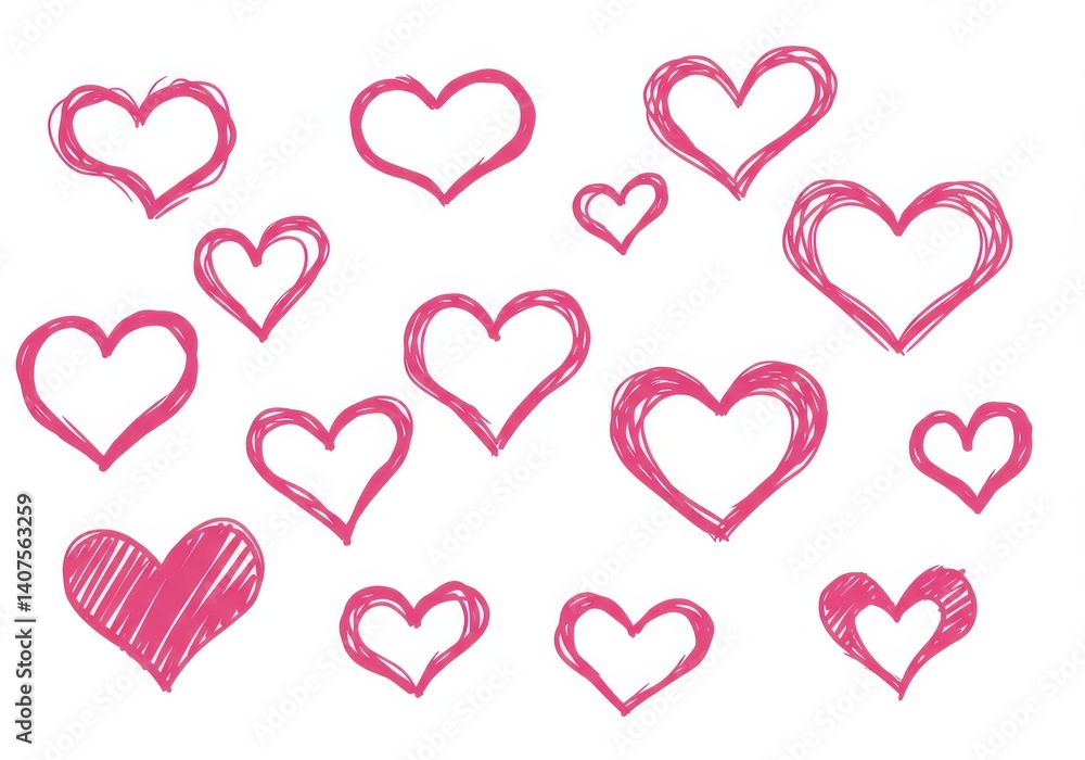 Poster a collection of pink heart doodles scattered on a white background creating a playful design pattern
