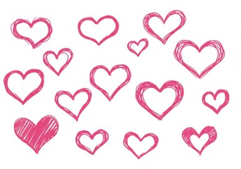 A collection of pink heart doodles scattered on a white background creating a playful design pattern