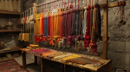 Obraz premium Colorful Threads and Textiles Displayed in Artisan Workshop Interior Setting with Natural Lighting