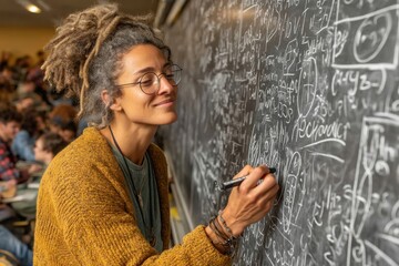 An enthusiastic instructor writes on a chalkboard filled with complex equations, creating an engaging learning environment and inspiring students to connect with math and education.
