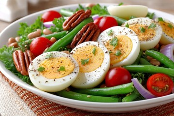 Close-up of hard-boiled eggs sliced over a salad with beans and seeds