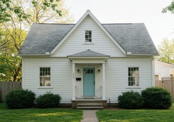 A charming white house with a light blue door and a well manicured lawn in a suburban neighborhood