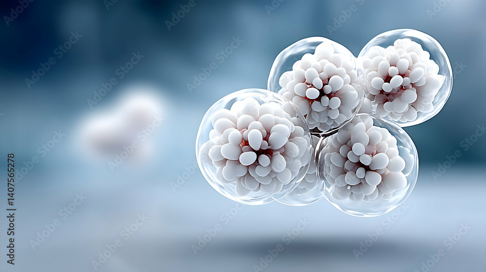 Poster abstract clusters of cells encapsulated in spheres, floating against a blurred background