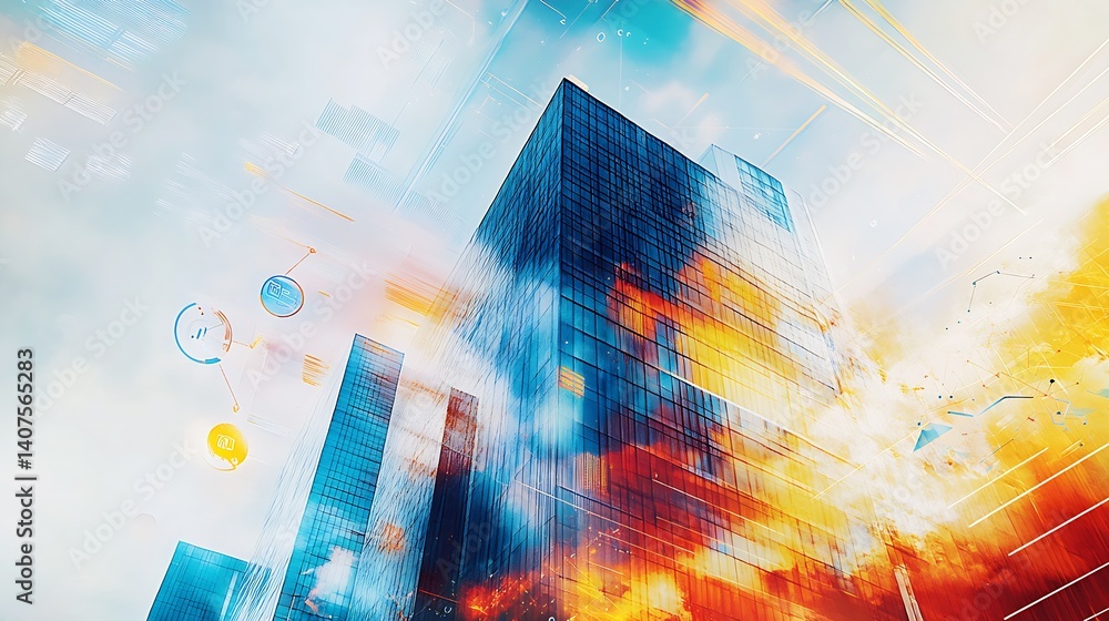 Poster Dynamic cityscape featuring tall buildings surrounded by colorful reflections and artistic digital elements : Generative AI