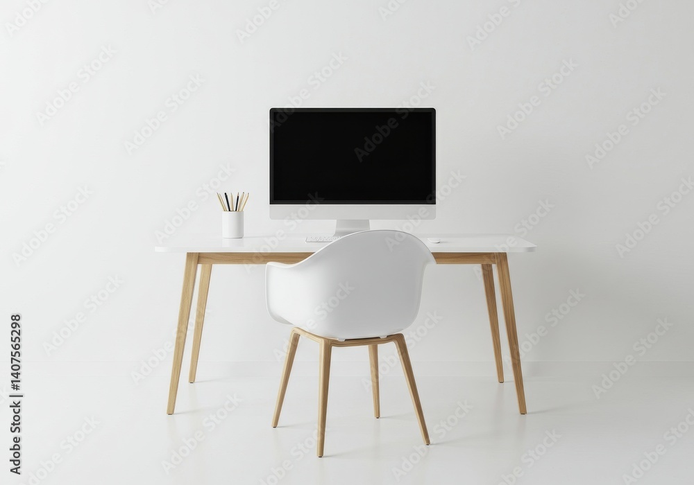 Aufkleber minimalist workspace featuring a computer on a desk with a chair in a bright white room setup