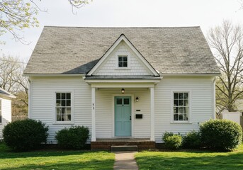 Front view of a small white house with a light blue door and a well manicured green lawn area