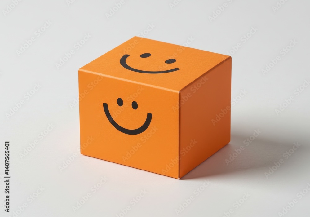 Poster an orange cube with two smiley faces on it sitting on a white surface in a studio setting view