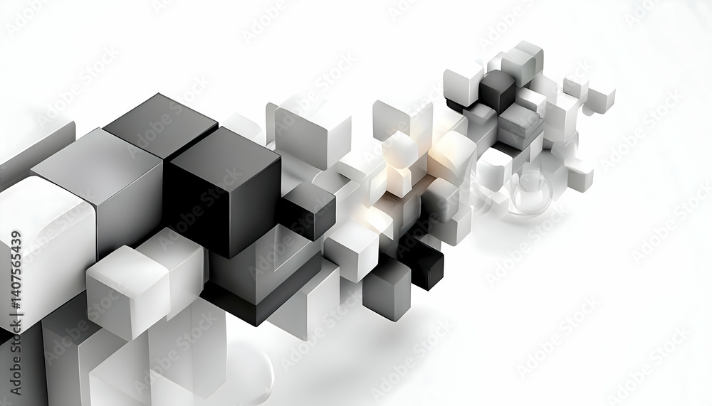 Poster abstract grayscale cubes forming dynamic, interconnected structures on a white background