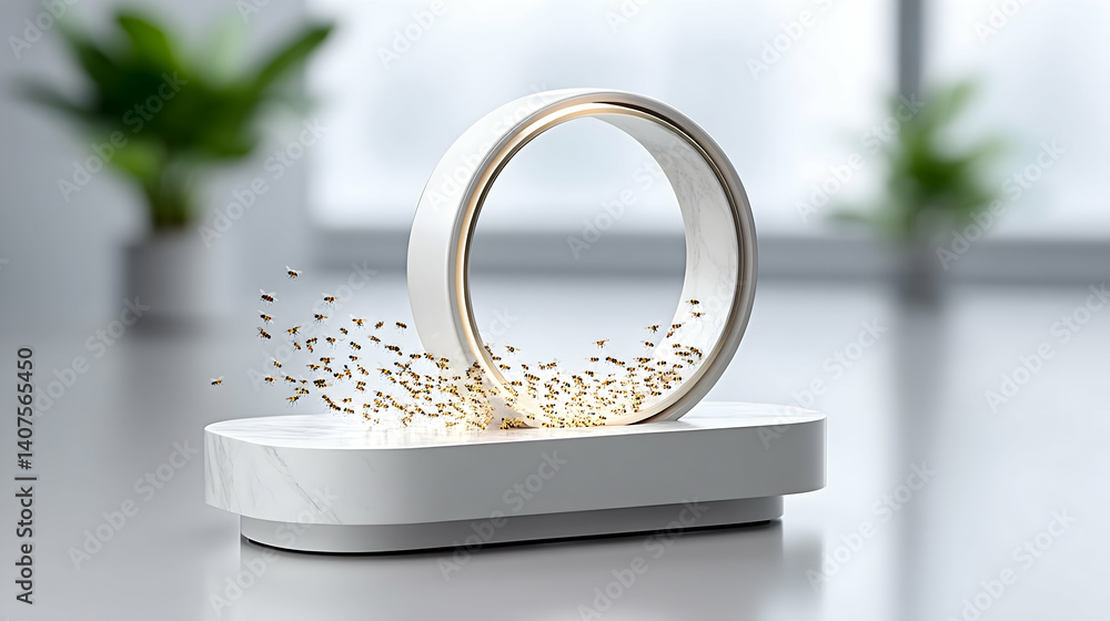 Poster abstract gold particles emanating from a minimalist white circular structure on a marble base