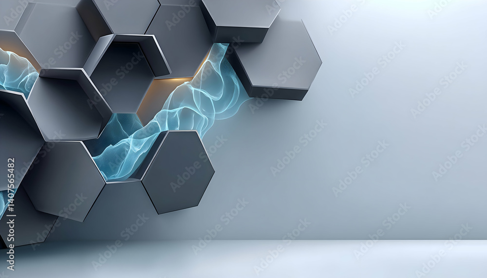 Poster abstract hexagonal pattern with glowing blue energy flow