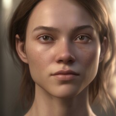 Fototapeta premium A highly detailed, hyper-realistic close-up portrait of an AI-generated human face. This digital artwork features lifelike skin textures, expressive eyes, and natural lighting.