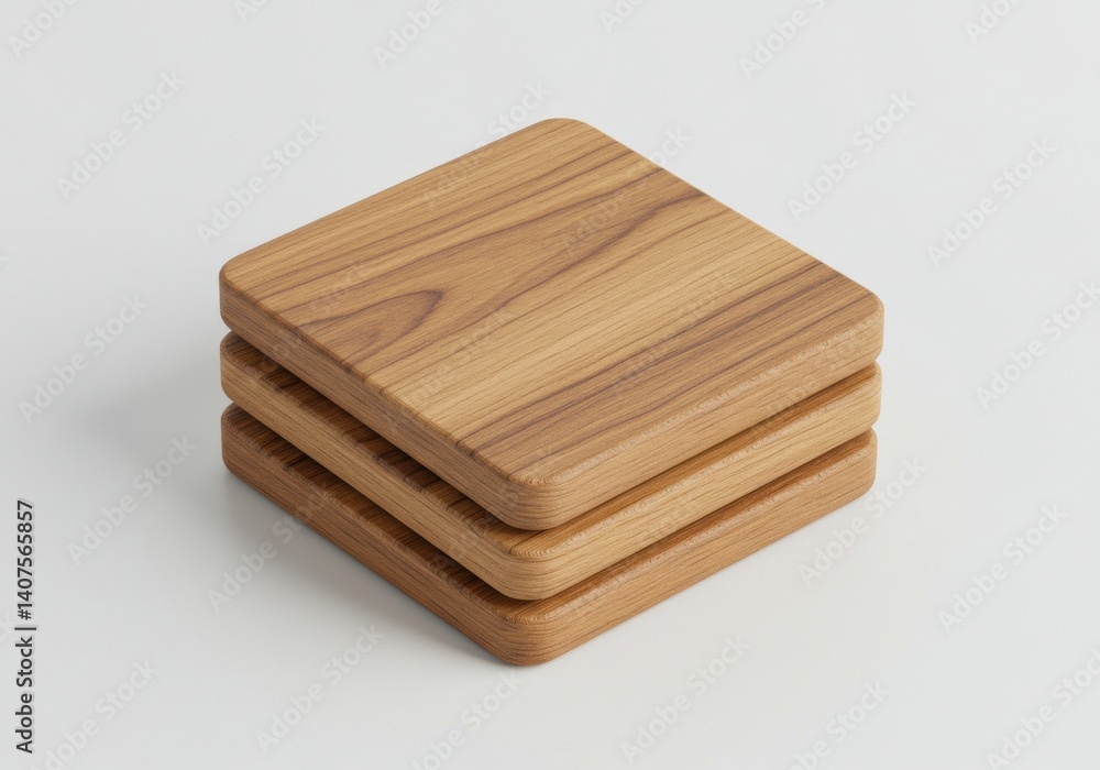 Poster a stack of three square wooden coasters with rounded edges on a white background surface view