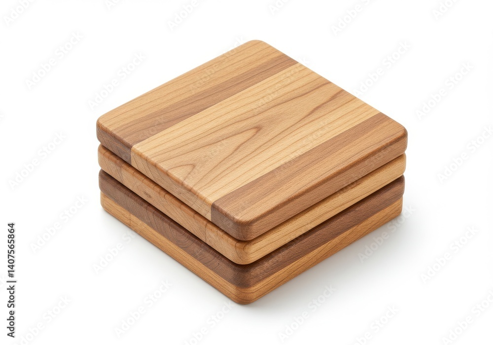 Aufkleber stack of three square wooden coasters with rounded edges on a white background surface
