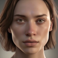 Fototapeta premium A highly detailed, hyper-realistic close-up portrait of an AI-generated human face. This digital artwork features lifelike skin textures, expressive eyes, and natural lighting.