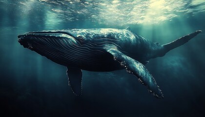 Fototapeta premium Majestic Humpback Whale Swimming Gracefully Underwater in a Serene Ocean Environment with Soft Light Rays : Generative AI