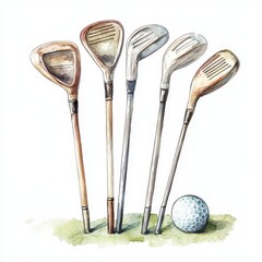 Vintage Golf Clubs and Ball Watercolor Painting