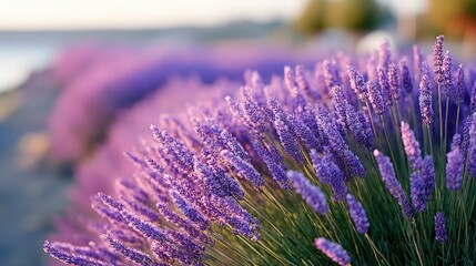 Obraz premium A vibrant field of lavender in bloom, showcasing rich purple flowers swaying gently in the breeze against a serene backdrop.