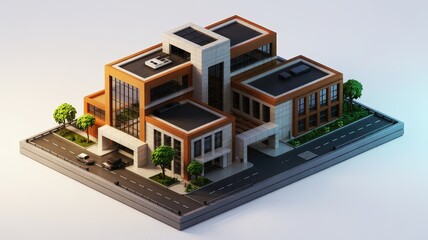 A modern architectural model featuring multiple buildings with large windows, greenery, and a roadway, showcasing contemporary design elements.