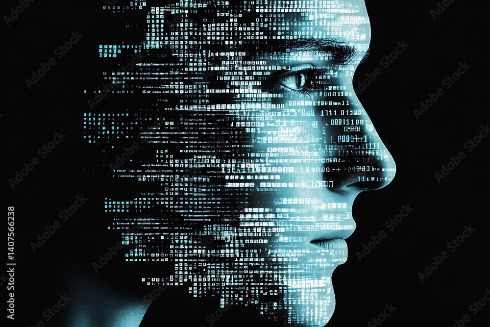 Poster Silhouette of a man's face combined with digital data streams representing technology and innovation : Generative AI