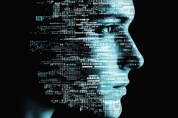 Silhouette of a man's face combined with digital data streams representing technology and innovation : Generative AI