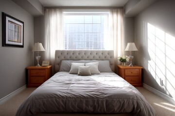 Early morning sunlight shining through curtains onto an empty bed