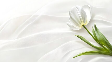 Obraz premium White Tulip Elegance Blossom on silk fabric background for greeting card, invitation or decoration