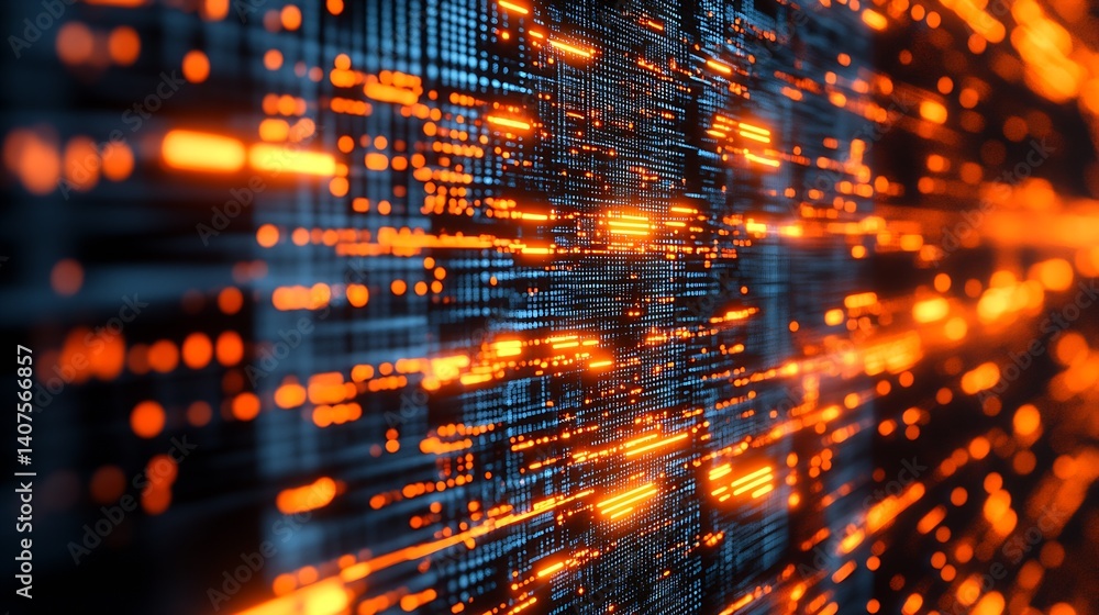 Poster Dynamic digital data visualization with glowing patterns in vibrant orange and blue hues : Generative AI