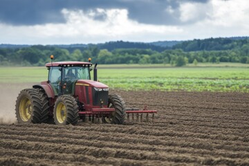 Obraz premium Tractors cultivating soil in a vast agricultural field under a cloudy sky