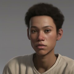 Obraz premium A highly detailed, hyper-realistic close-up portrait of an AI-generated human face. This digital artwork features lifelike skin textures, expressive eyes, and natural lighting.