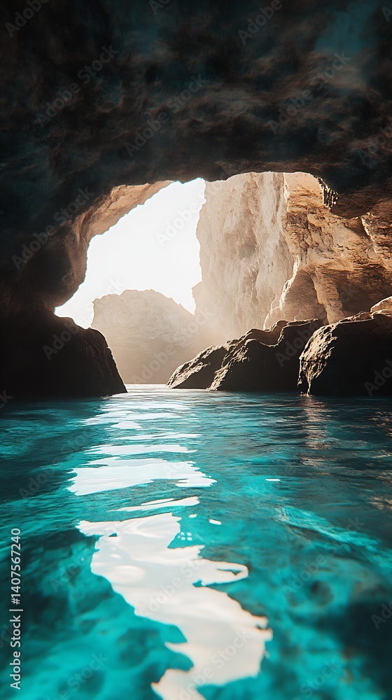 Aufkleber Breathtaking view of tranquil cave waters illuminated by sunlight creating a serene atmosphere : Generative AI