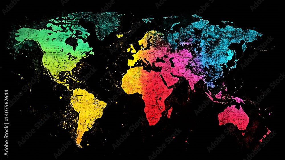 Poster colorful splattered map of the world showcasing various continents in bright shades over a black bac