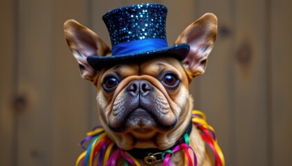 A squat, fawn colored dog with distinctive bat like ears sports a miniature, shimmering top hat perched jauntily on its head