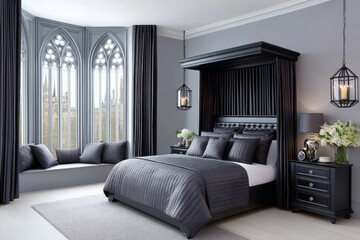 Gothic bedroom with dark canopy bed, candles, and velvet curtains